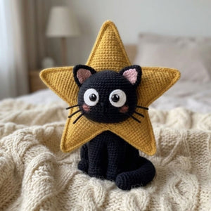 Crochet Star Cat Plush Handmade Amigurumi Black Cat Doll With Yellow Star Costume, Cute Nursery Toy, Kawaii 4 to 12 Inch Gift Decor For Kids
