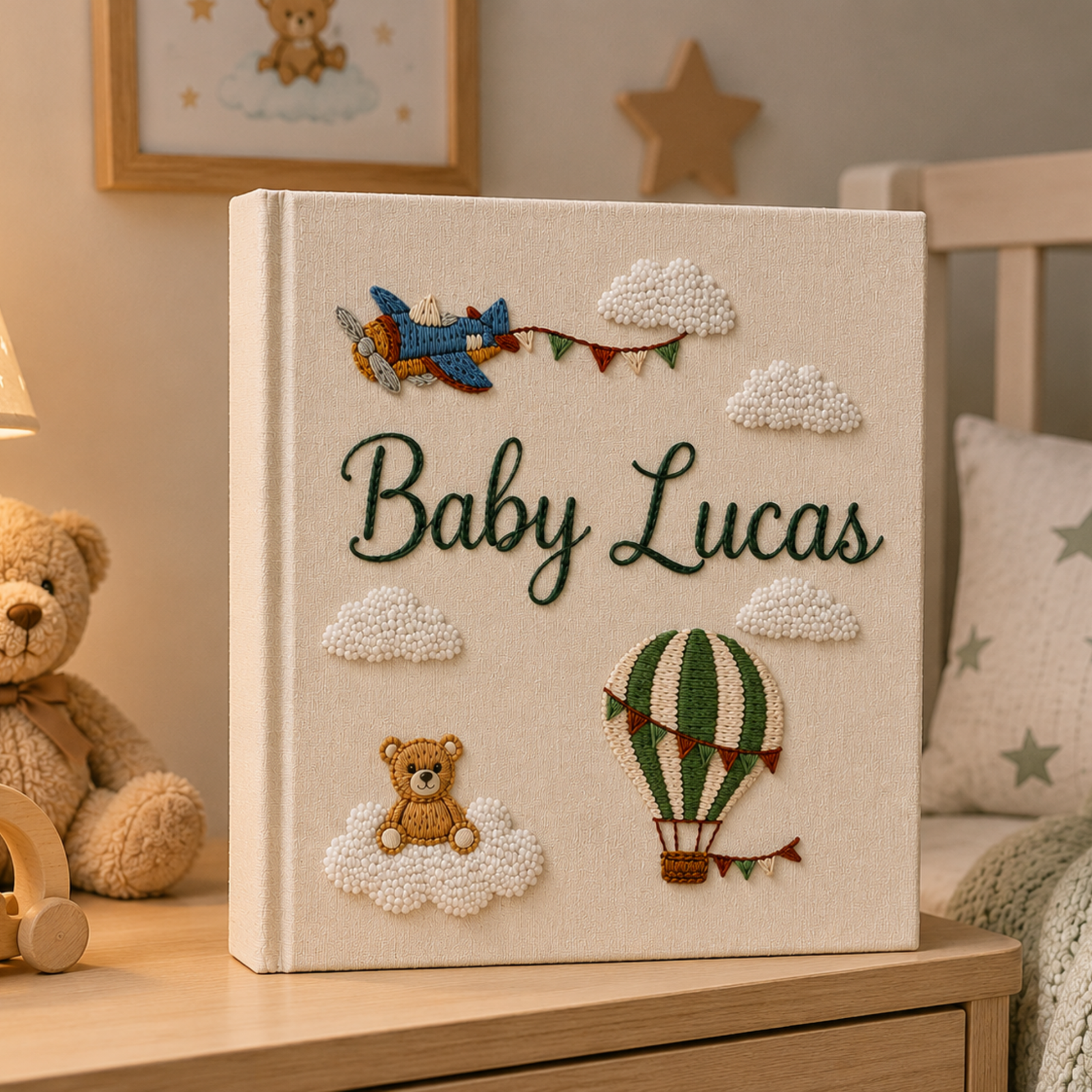 Hand Embroidered Baby Photo Album with Teddy Bear, Hot Air Balloon & Airplane Linen Memory Book, Newborn Keepsake Album, Baby Shower Gift