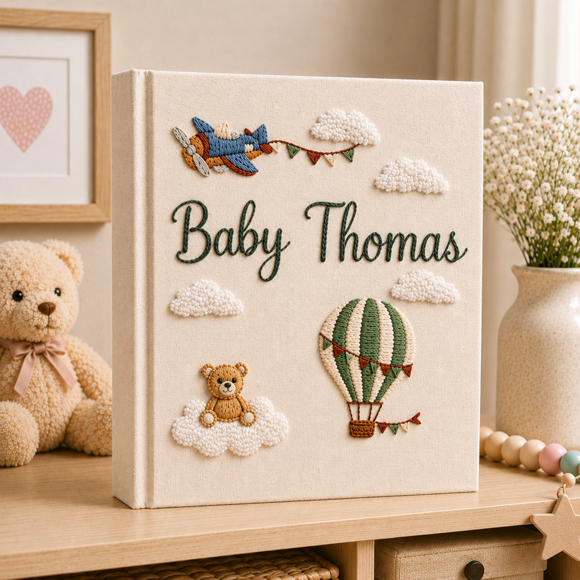 Hand Embroidered Baby Photo Album with Teddy Bear, Hot Air Balloon & Airplane Linen Memory Book, Newborn Keepsake Album, Baby Shower Gift