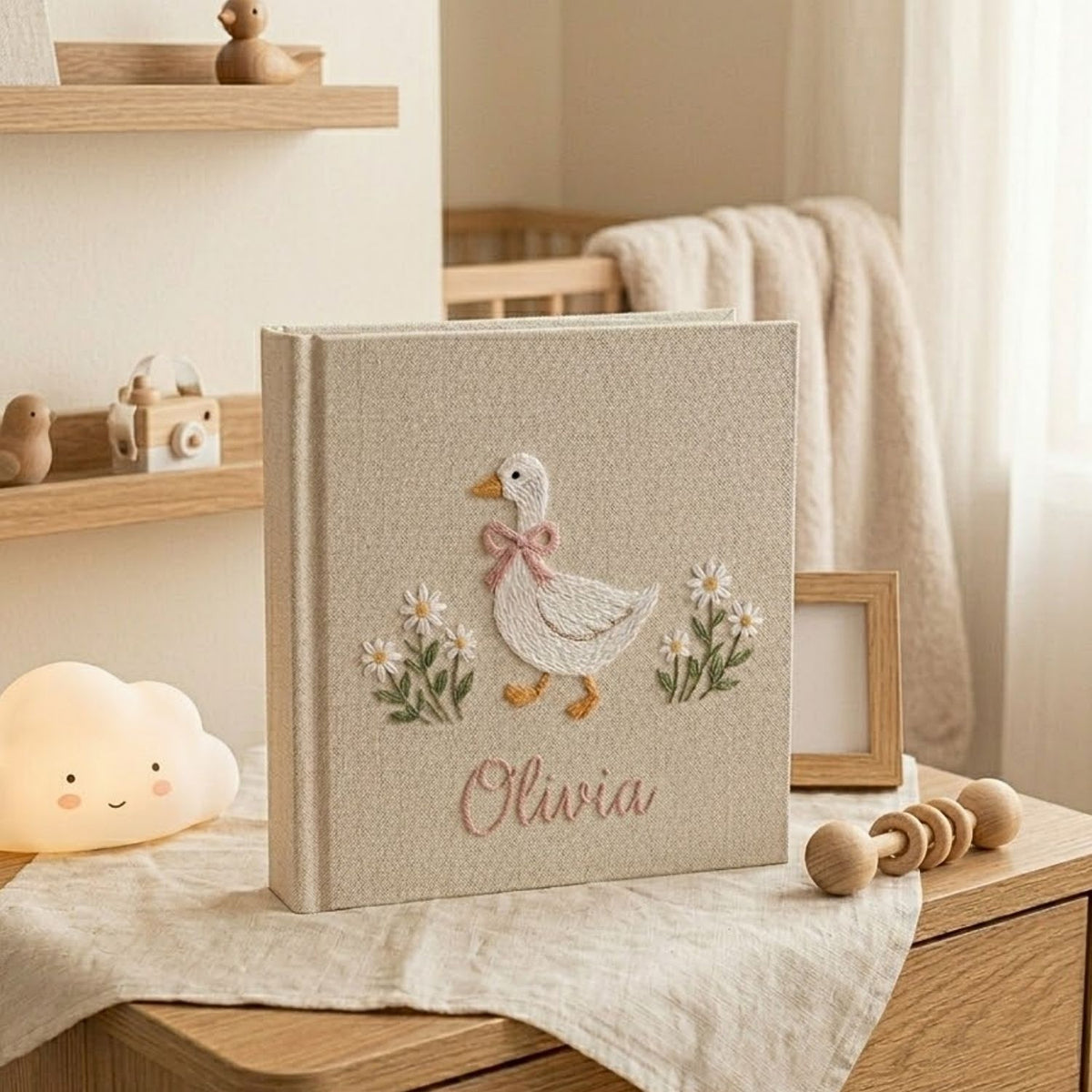 Personalized Baby Photo Album, Hand Embroidered Dinosaur Memory Book, Custom Name Keepsake, Woodland Nursery Gift, Newborn, Baby Shower Gift