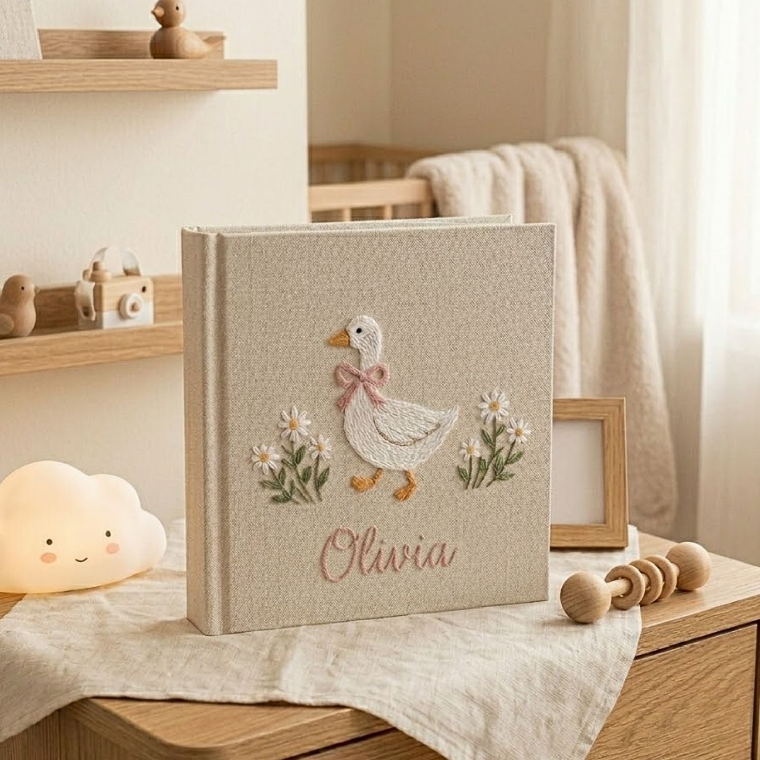 Personalized Baby Photo Album, Hand Embroidered Dinosaur Memory Book, Custom Name Keepsake, Woodland Nursery Gift, Newborn, Baby Shower Gift