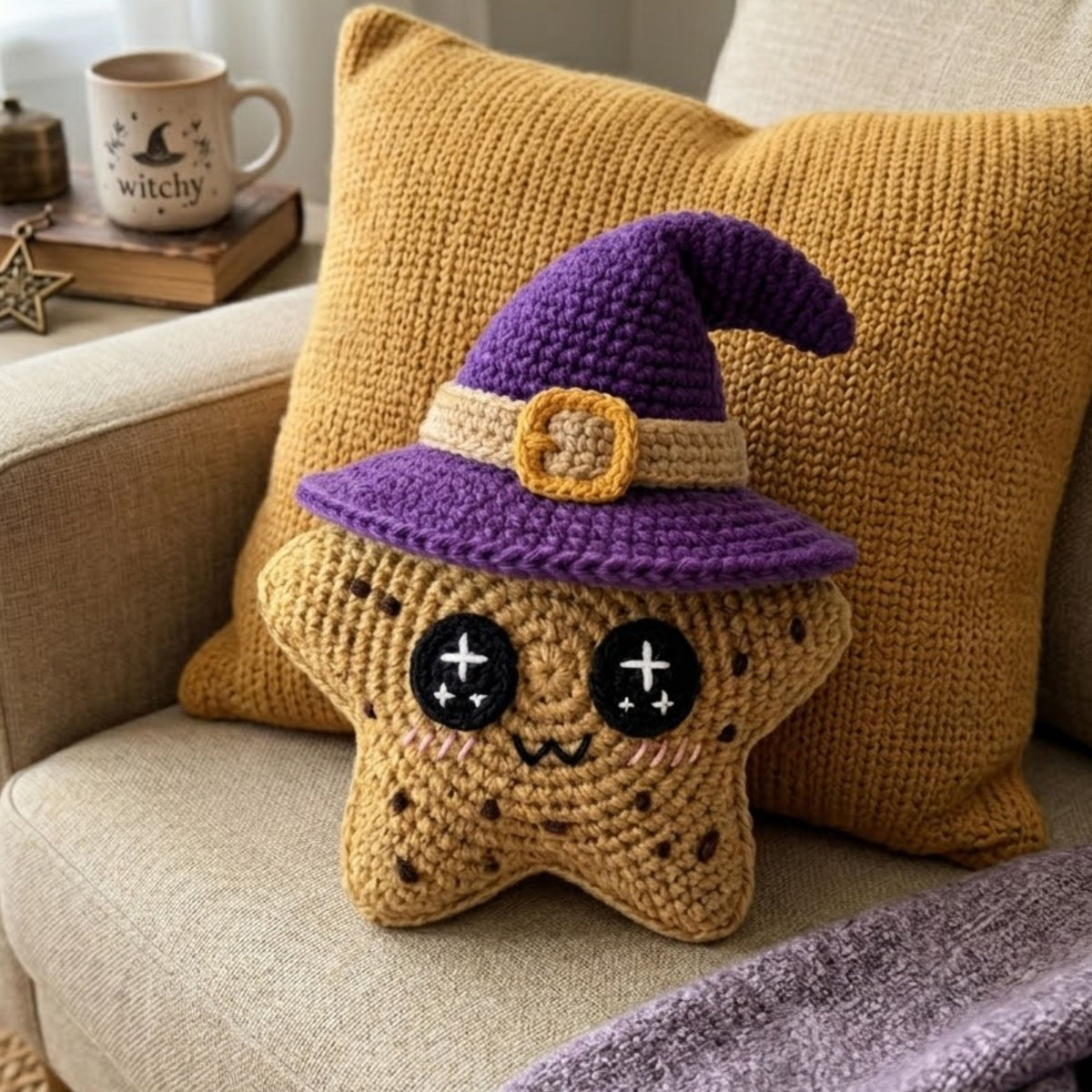 Crochet Star Witch Plush, Handmade Amigurumi Star Doll With Purple Witch Hat, Spooky Cute Nursery Toy, Halloween Gift, 4-12 Inch Decor Dolls