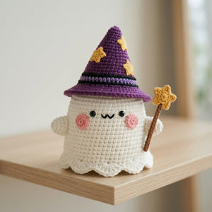 Crochet Wizard Ghost Plush, Handmade Amigurumi Ghost With Purple Star Hat & Wand, Spooky Cute Nursery Toy, Halloween Gift 4-12 Inch Doll Set