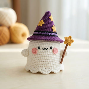 Crochet Wizard Ghost Plush, Handmade Amigurumi Ghost With Purple Star Hat & Wand, Spooky Cute Nursery Toy, Halloween Gift 4-12 Inch Doll Set