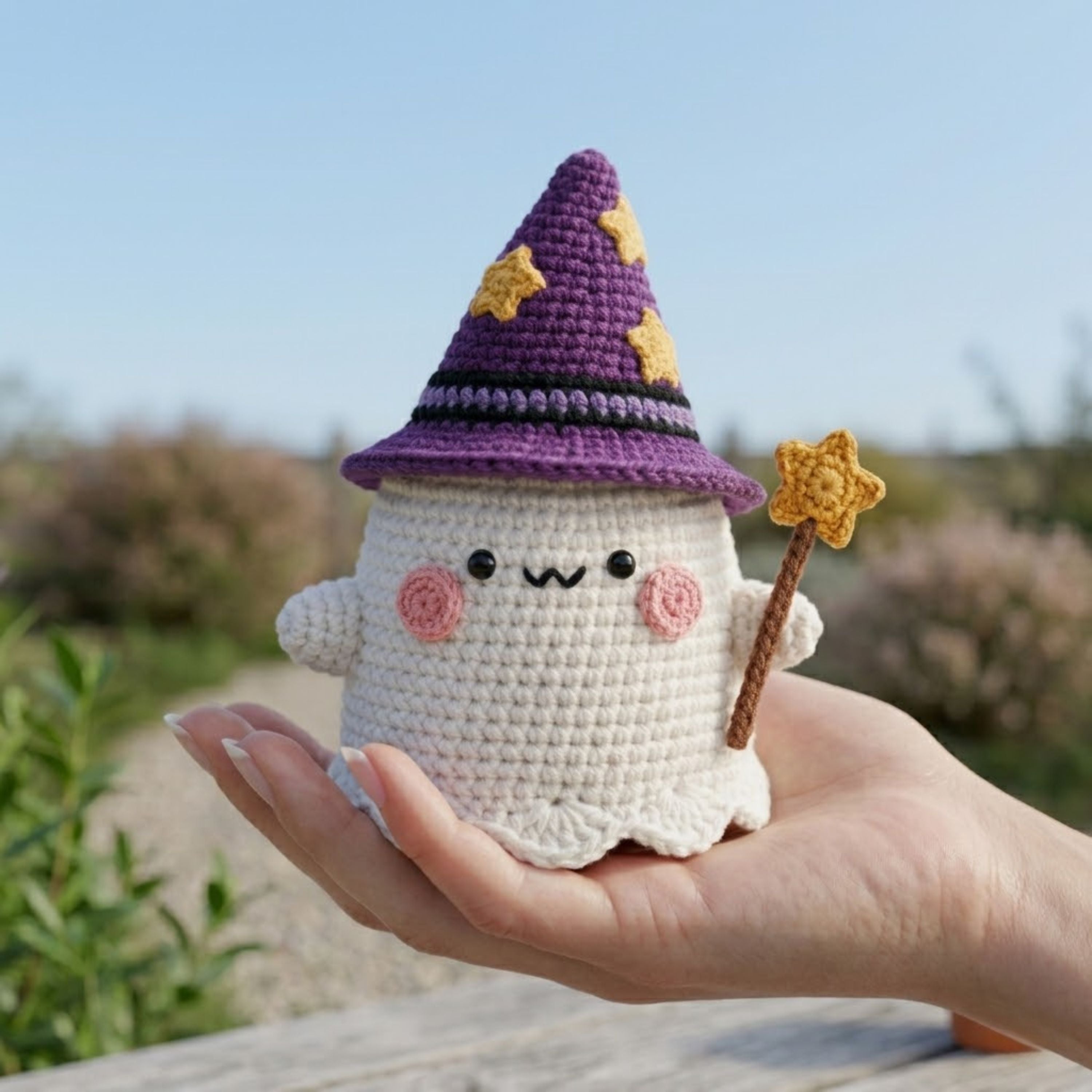 Crochet Wizard Ghost Plush, Handmade Amigurumi Ghost With Purple Star Hat & Wand, Spooky Cute Nursery Toy, Halloween Gift 4-12 Inch Doll Set