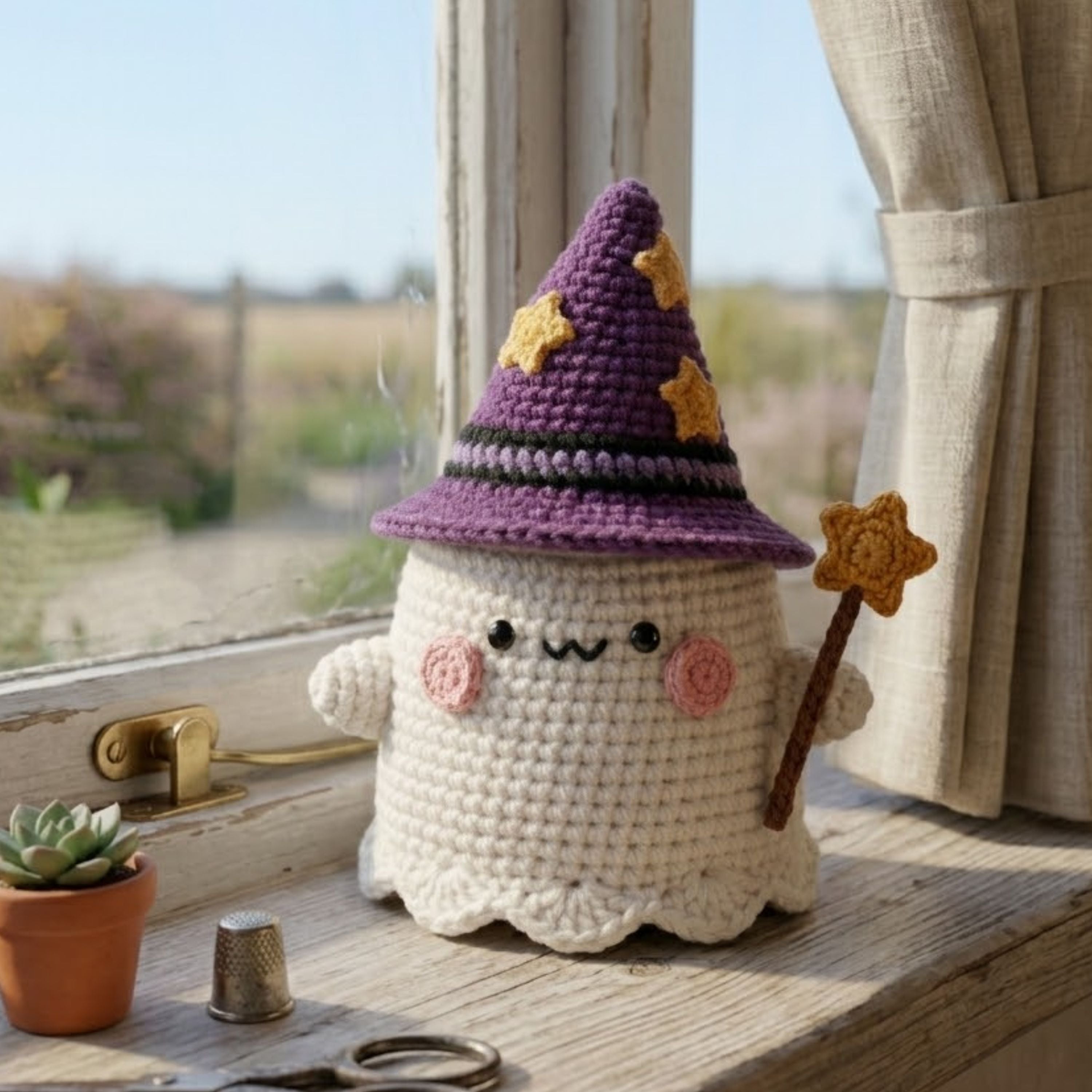 Crochet Wizard Ghost Plush, Handmade Amigurumi Ghost With Purple Star Hat & Wand, Spooky Cute Nursery Toy, Halloween Gift 4-12 Inch Doll Set