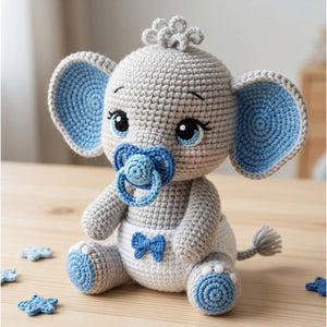 Crochet Baby Elephant Plush, Handmade Amigurumi Elephant Doll With Blue Pacifier, Cute Nursery Toy, Baby Shower Gift, 4-12 Inch Decor Dolls