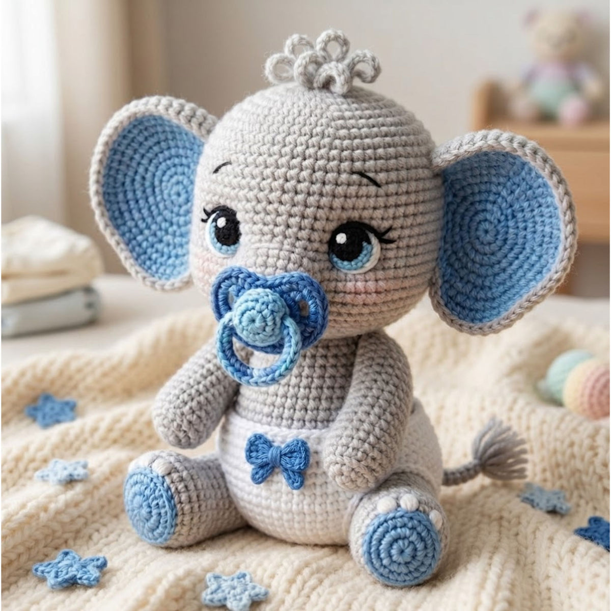 Crochet Baby Elephant Plush, Handmade Amigurumi Elephant Doll With Blue Pacifier, Cute Nursery Toy, Baby Shower Gift, 4-12 Inch Decor Dolls