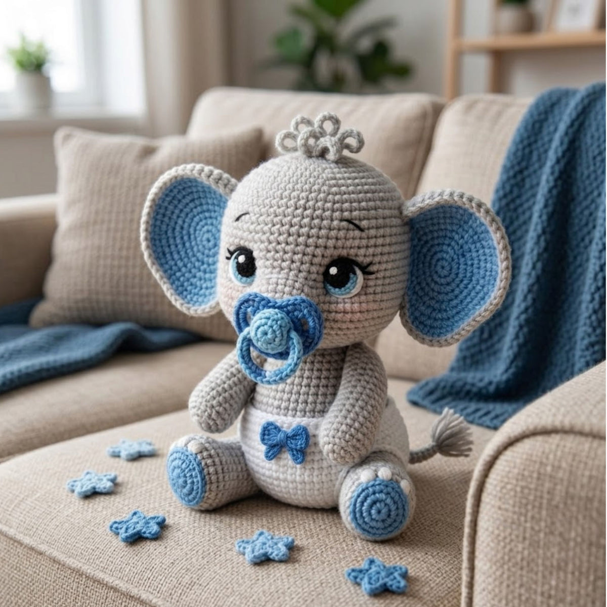 Crochet Baby Elephant Plush, Handmade Amigurumi Elephant Doll With Blue Pacifier, Cute Nursery Toy, Baby Shower Gift, 4-12 Inch Decor Dolls