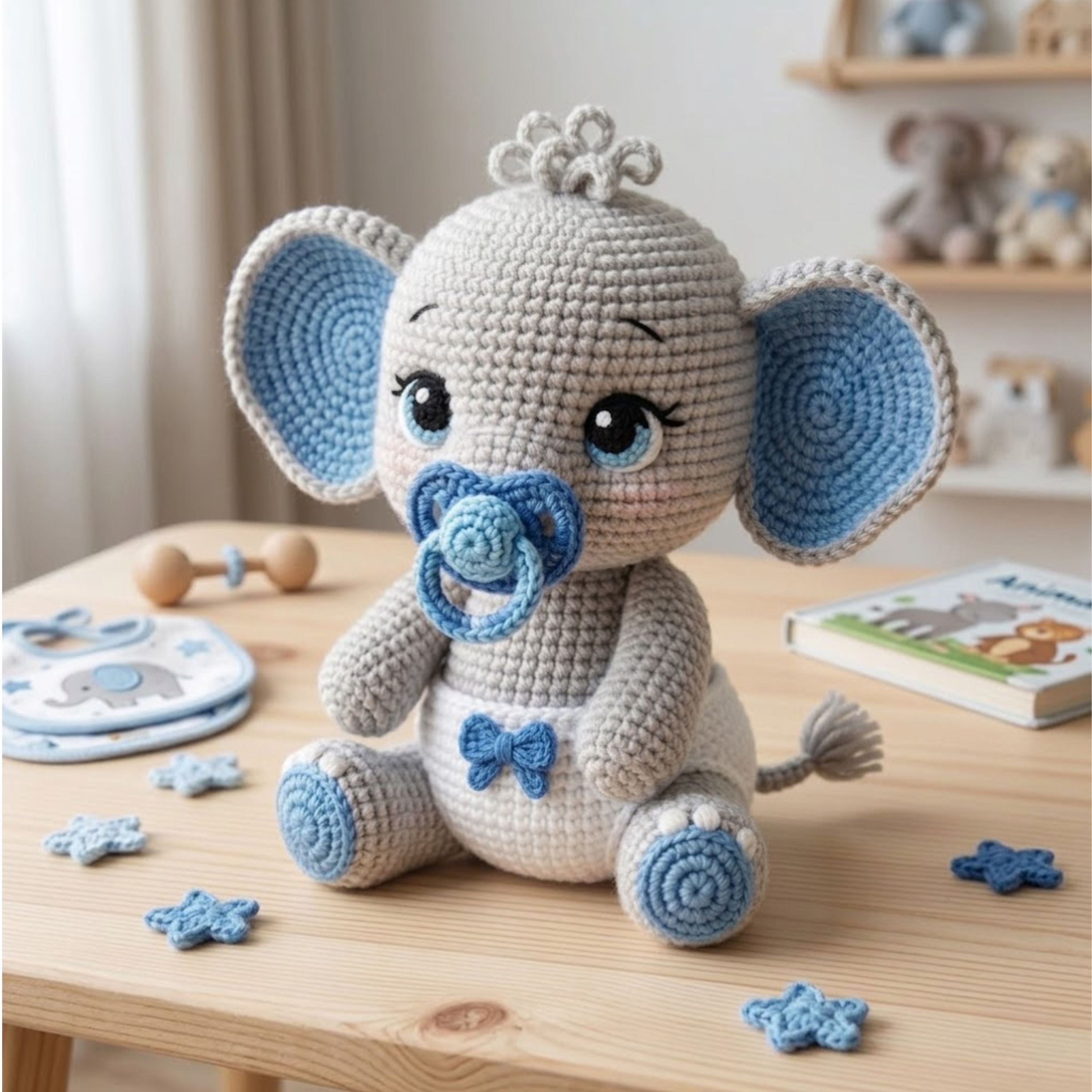 Crochet Baby Elephant Plush, Handmade Amigurumi Elephant Doll With Blue Pacifier, Cute Nursery Toy, Baby Shower Gift, 4-12 Inch Decor Dolls