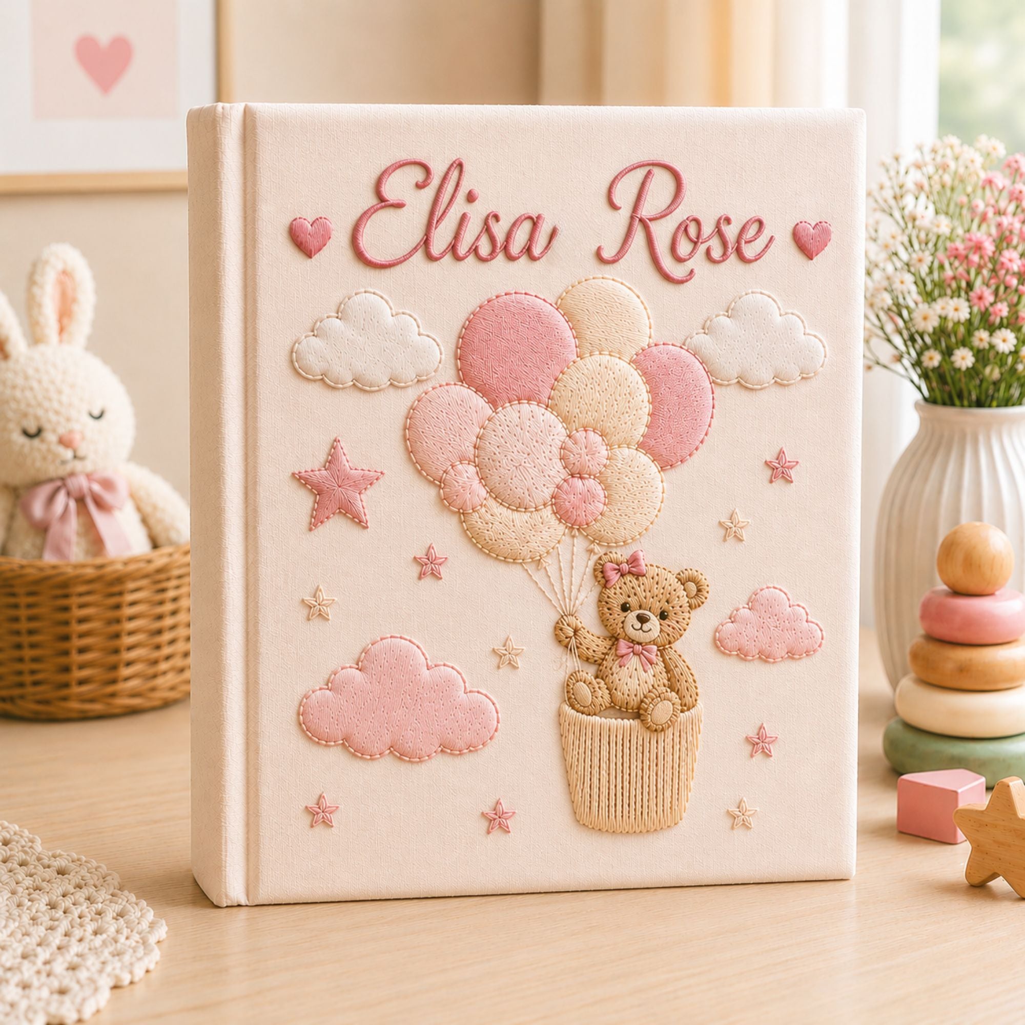 Personalized Hand Embroidered Baby Girl Photo Album, Custom Teddy Bear Balloon Memory Book, Newborn Keepsake Album, Baby Shower Gift