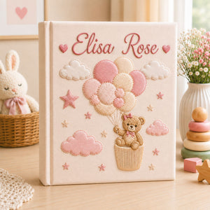 Personalized Hand Embroidered Baby Girl Photo Album, Custom Teddy Bear Balloon Memory Book, Newborn Keepsake Album, Baby Shower Gift