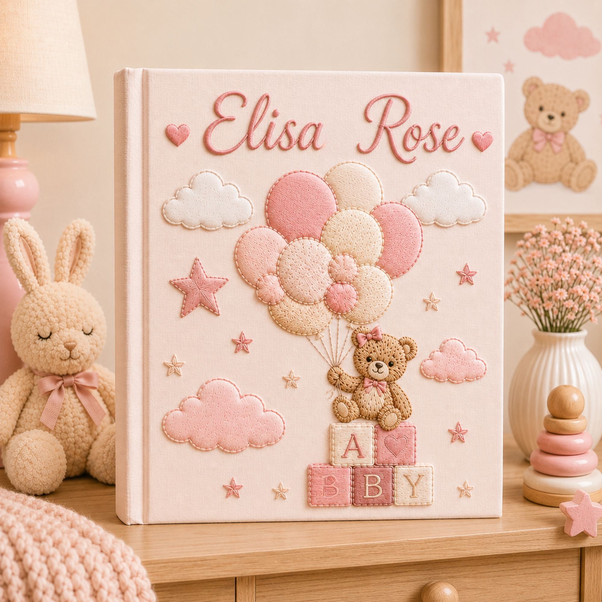 Personalized Hand Embroidered Baby Girl Photo Album, Custom Teddy Bear Balloon Memory Book, Newborn Keepsake Album, Baby Shower Gift
