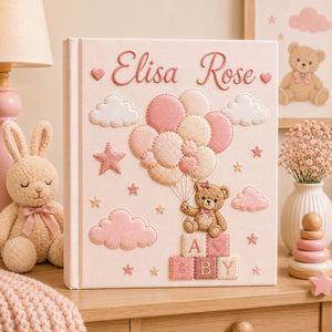 Personalized Hand Embroidered Baby Girl Photo Album, Custom Teddy Bear Balloon Memory Book, Newborn Keepsake Album, Baby Shower Gift