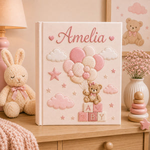 Personalized Hand Embroidered Baby Girl Photo Album, Custom Teddy Bear Balloon Memory Book, Newborn Keepsake Album, Baby Shower Gift