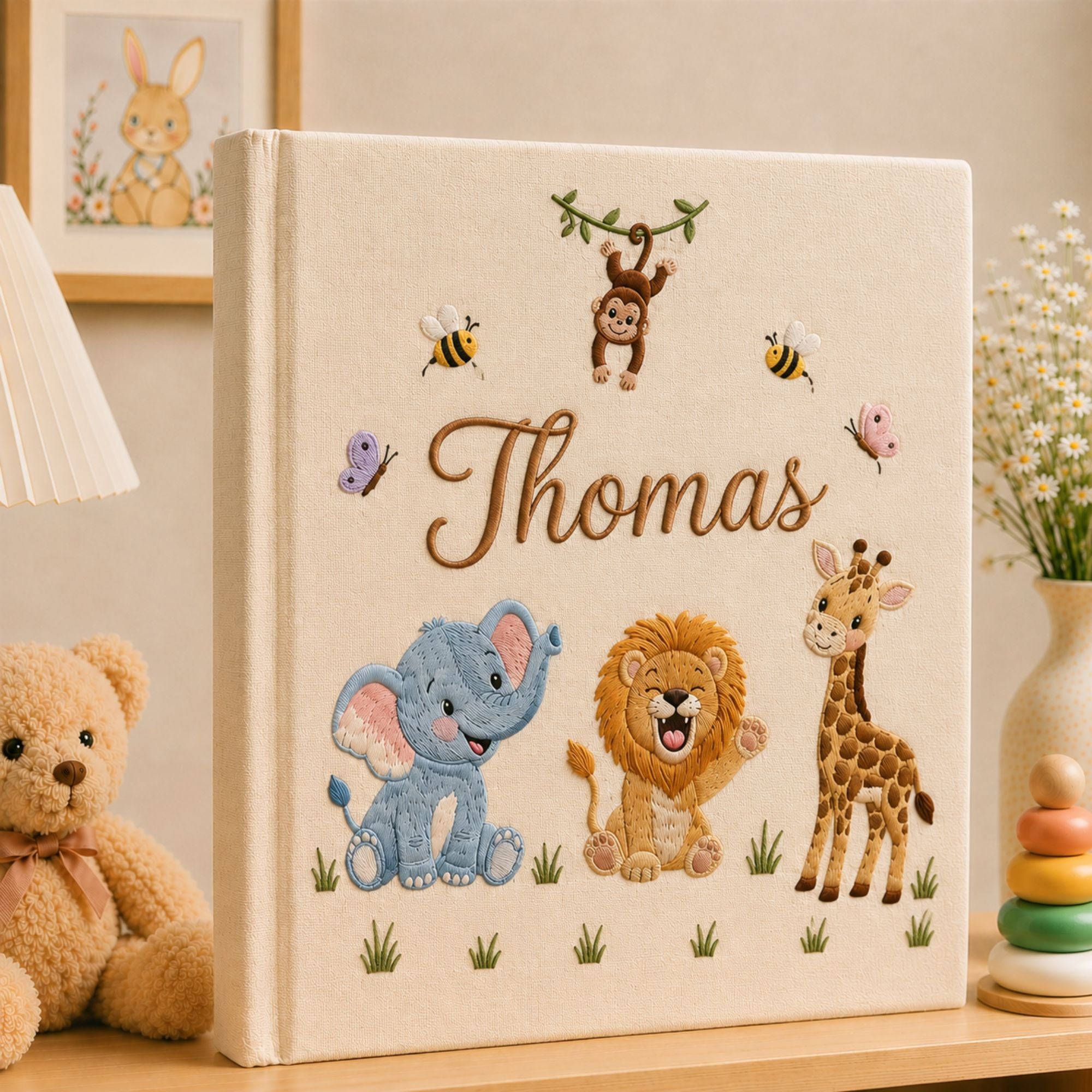 Personalized Embroidered Safari Baby Photo Album, Personalized Name Jungle Animal Baby Book, Custom Newborn Keepsake Album, Baby Shower Gift