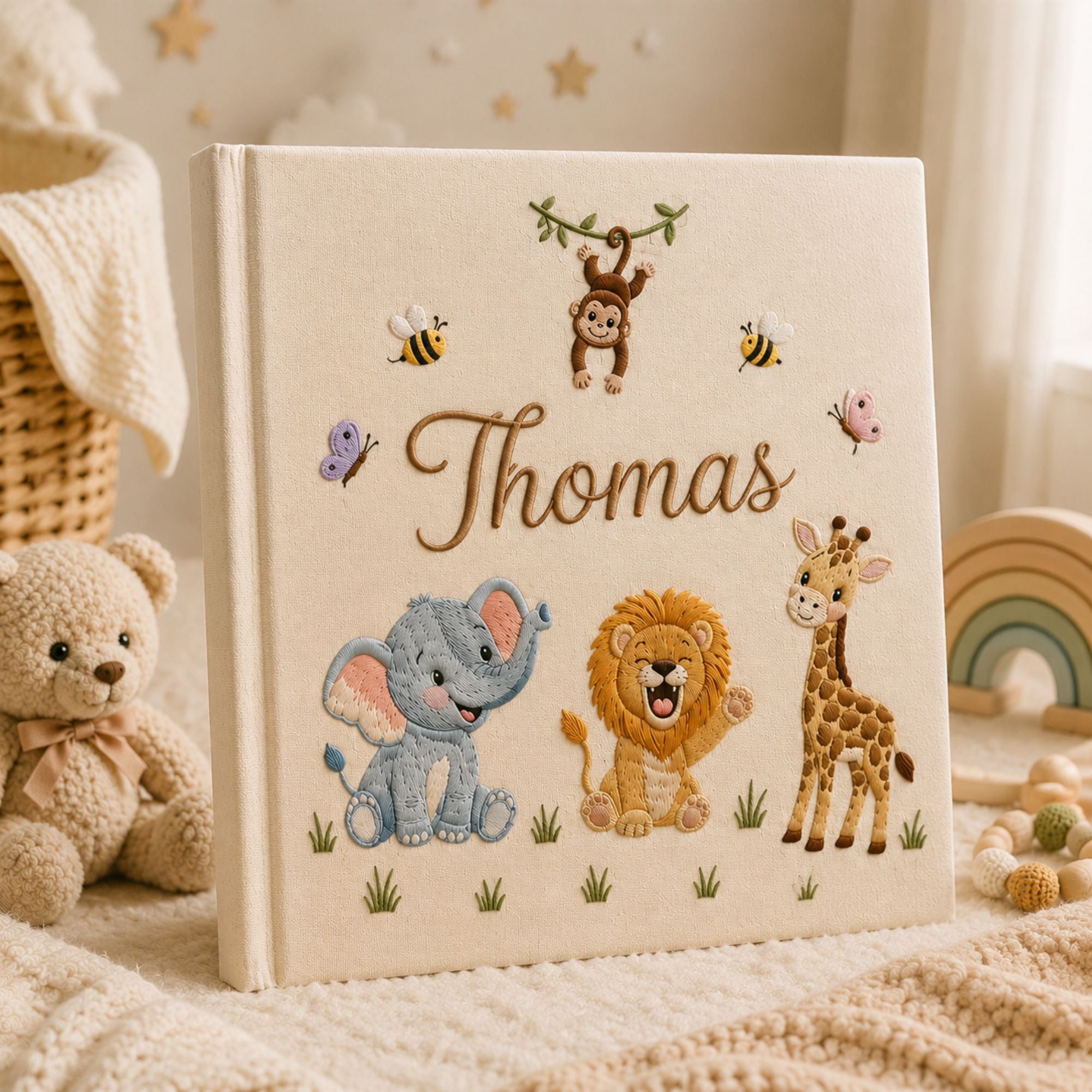 Personalized Embroidered Safari Baby Photo Album, Personalized Name Jungle Animal Baby Book, Custom Newborn Keepsake Album, Baby Shower Gift