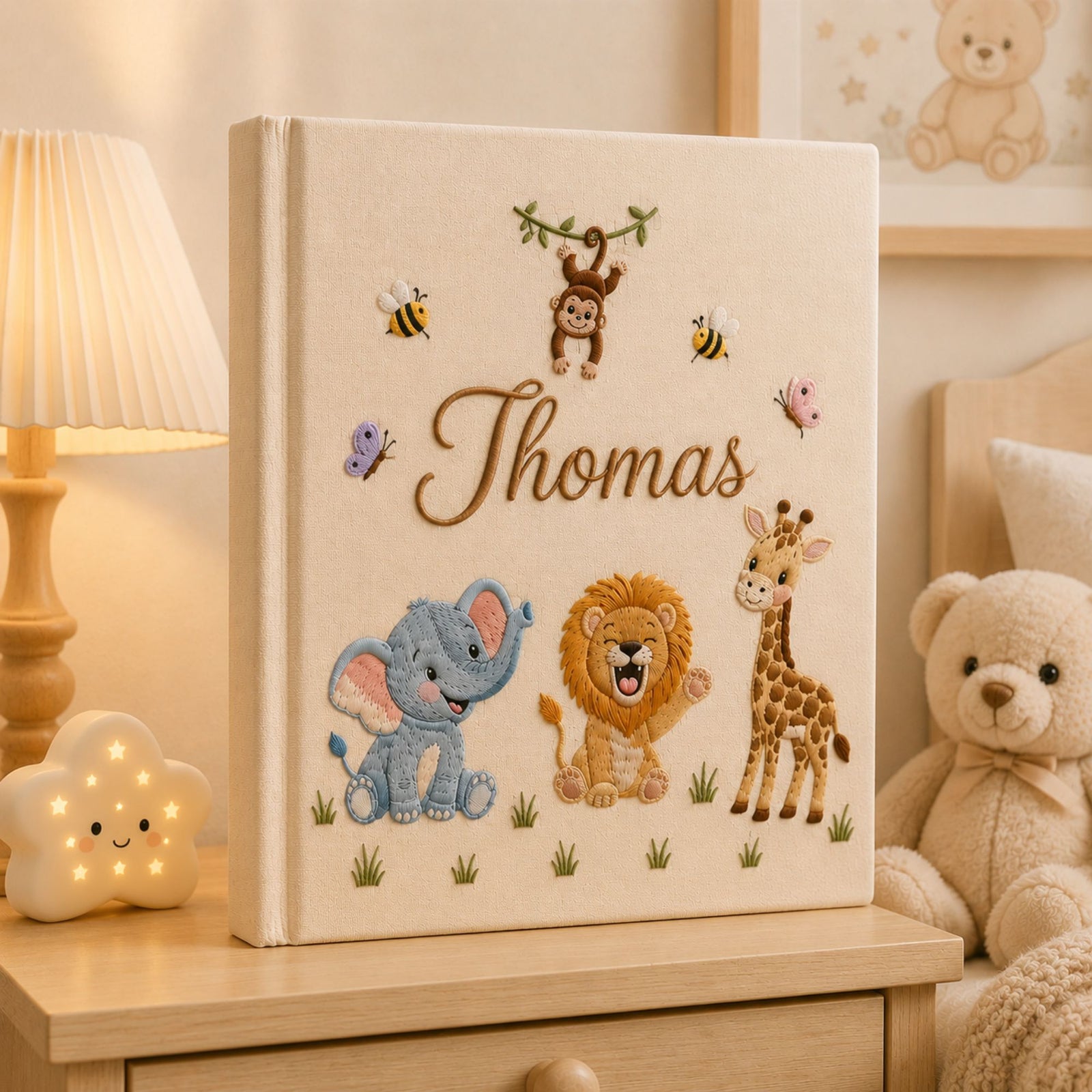 Personalized Embroidered Safari Baby Photo Album, Personalized Name Jungle Animal Baby Book, Custom Newborn Keepsake Album, Baby Shower Gift