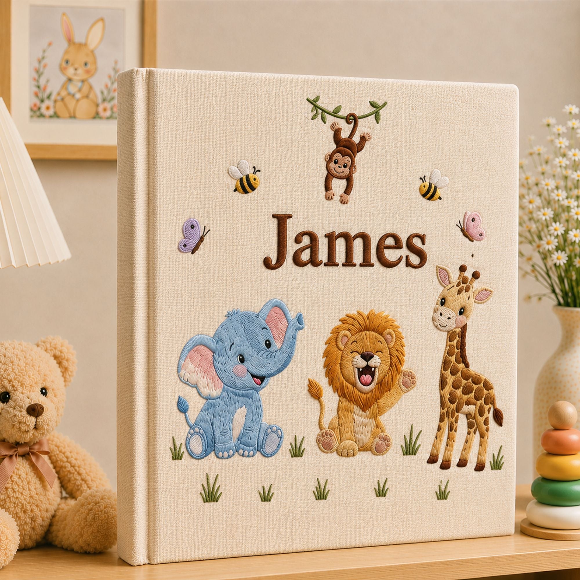 Personalized Embroidered Safari Baby Photo Album, Personalized Name Jungle Animal Baby Book, Custom Newborn Keepsake Album, Baby Shower Gift