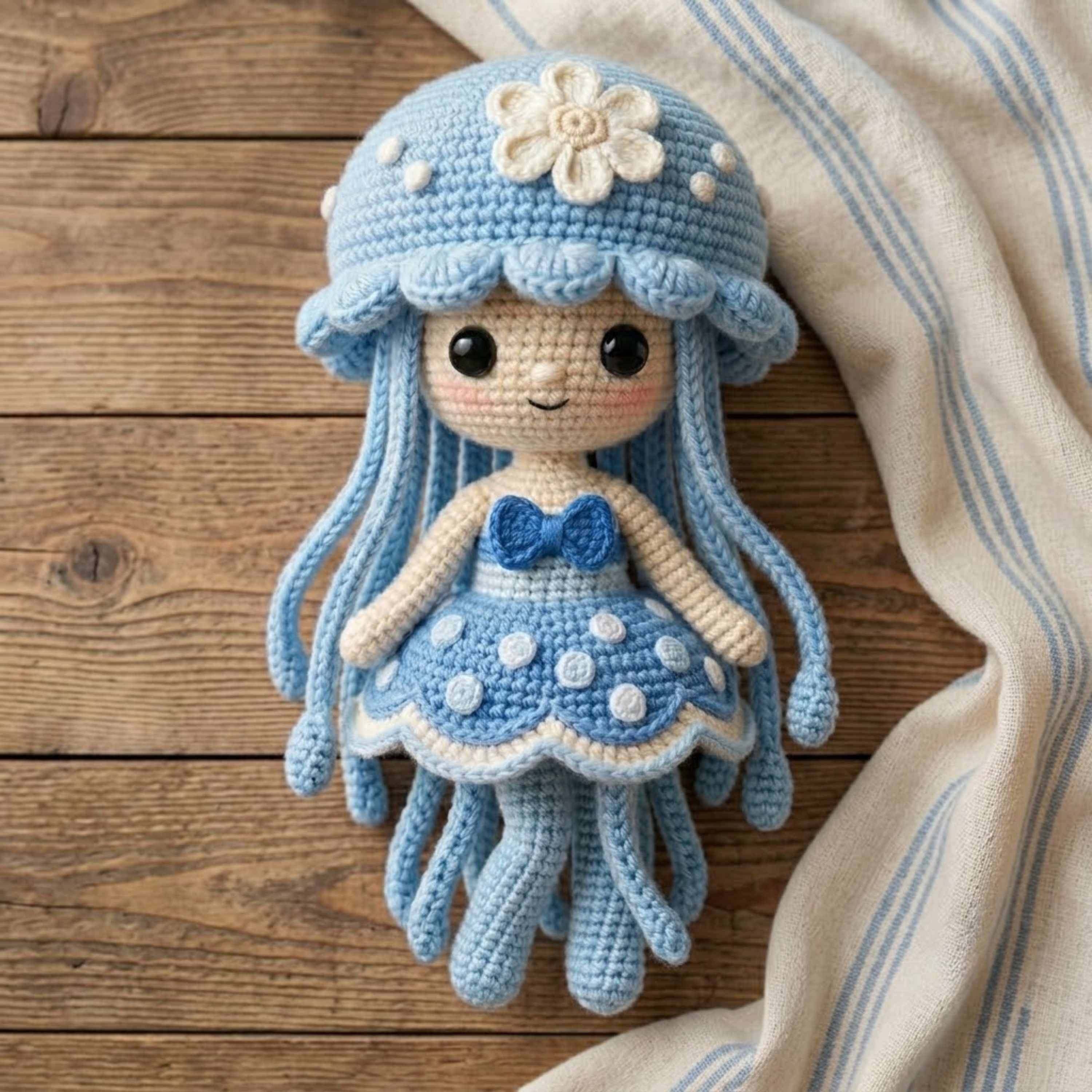 Blue Crochet Jellyfish Doll, Handmade Amigurumi Sea Plush, Cute Ocean Nursery Decor, Custom Gift, Kawaii Stuffed Toy, Sizes 4-12 in for Kids