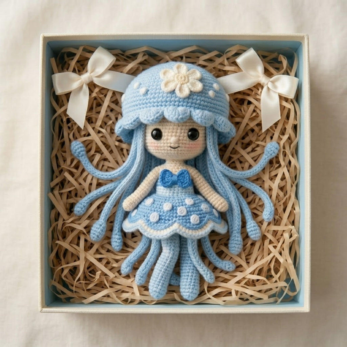 Blue Crochet Jellyfish Doll, Handmade Amigurumi Sea Plush, Cute Ocean Nursery Decor, Custom Gift, Kawaii Stuffed Toy, Sizes 4-12 in for Kids