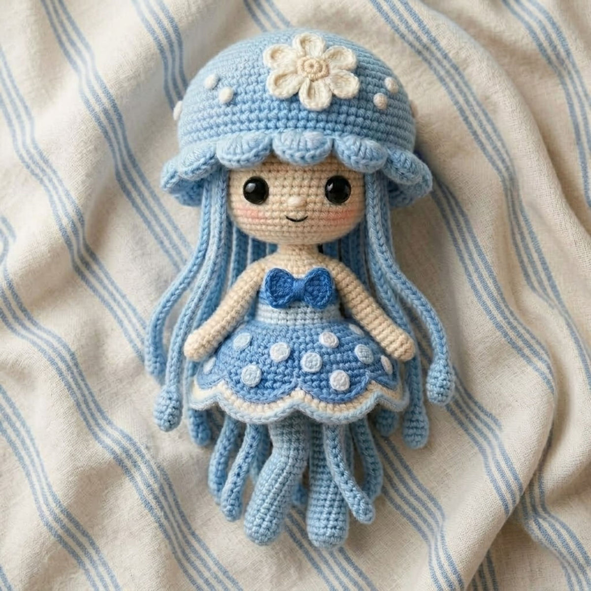 Blue Crochet Jellyfish Doll, Handmade Amigurumi Sea Plush, Cute Ocean Nursery Decor, Custom Gift, Kawaii Stuffed Toy, Sizes 4-12 in for Kids