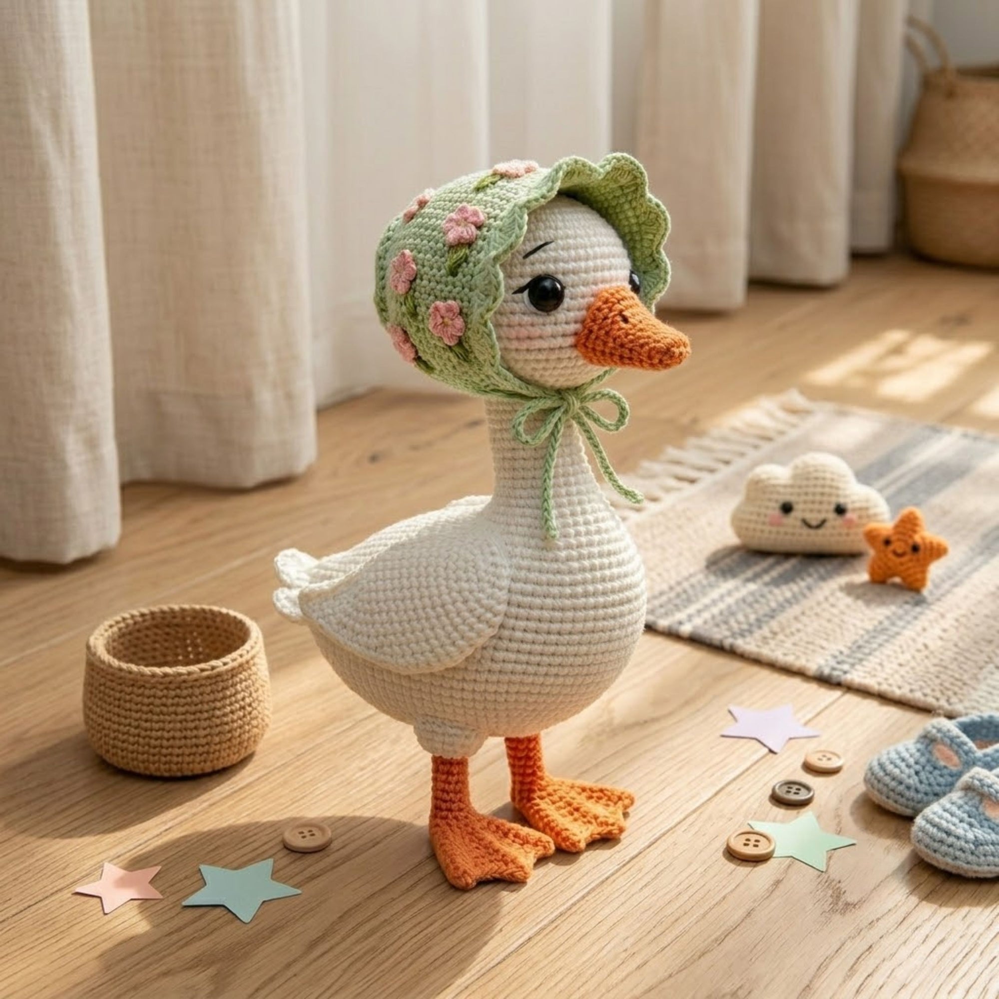 White Crochet Goose Doll, Handmade Amigurumi Duck Plush, Floral Bonnet Farm Animal Toy, Baby Nursery Decor, Cute Gift, Sizes 4-12in for Kids
