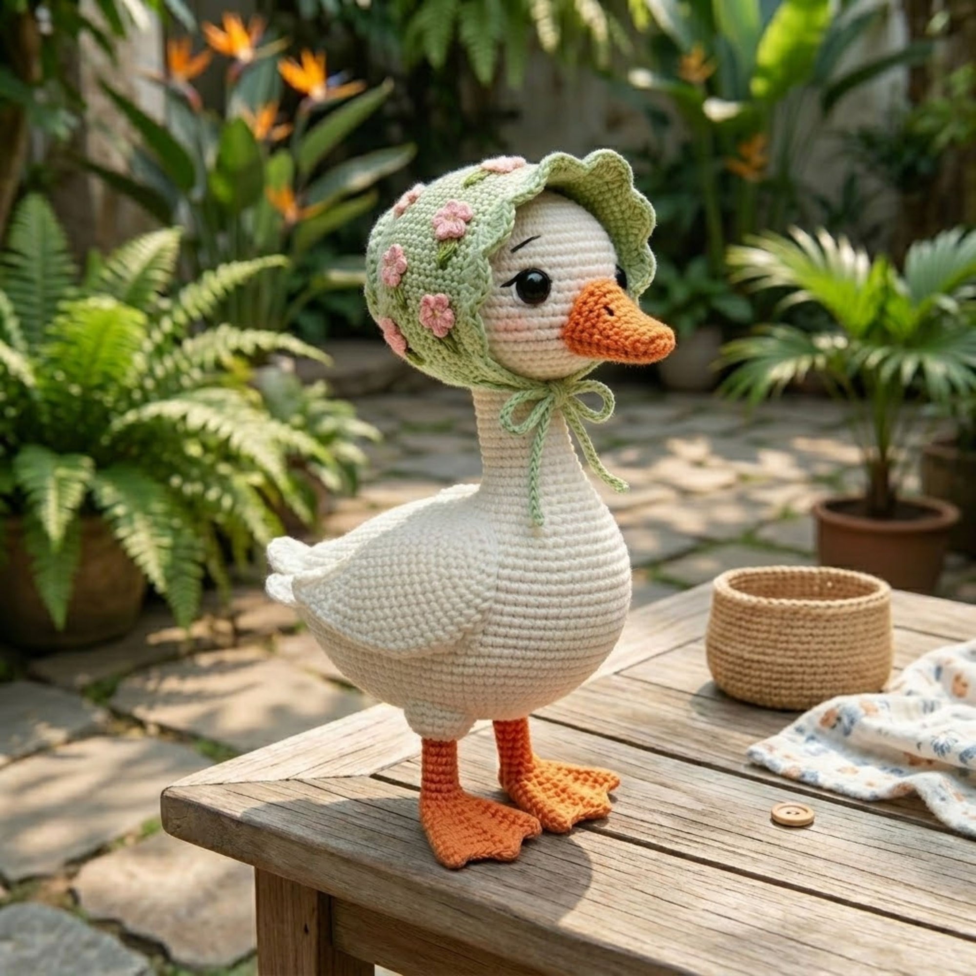 White Crochet Goose Doll, Handmade Amigurumi Duck Plush, Floral Bonnet Farm Animal Toy, Baby Nursery Decor, Cute Gift, Sizes 4-12in for Kids