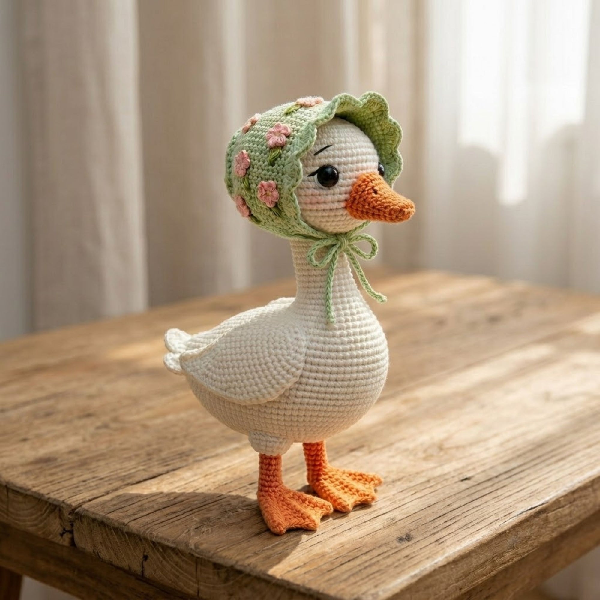 White Crochet Goose Doll, Handmade Amigurumi Duck Plush, Floral Bonnet Farm Animal Toy, Baby Nursery Decor, Cute Gift, Sizes 4-12in for Kids