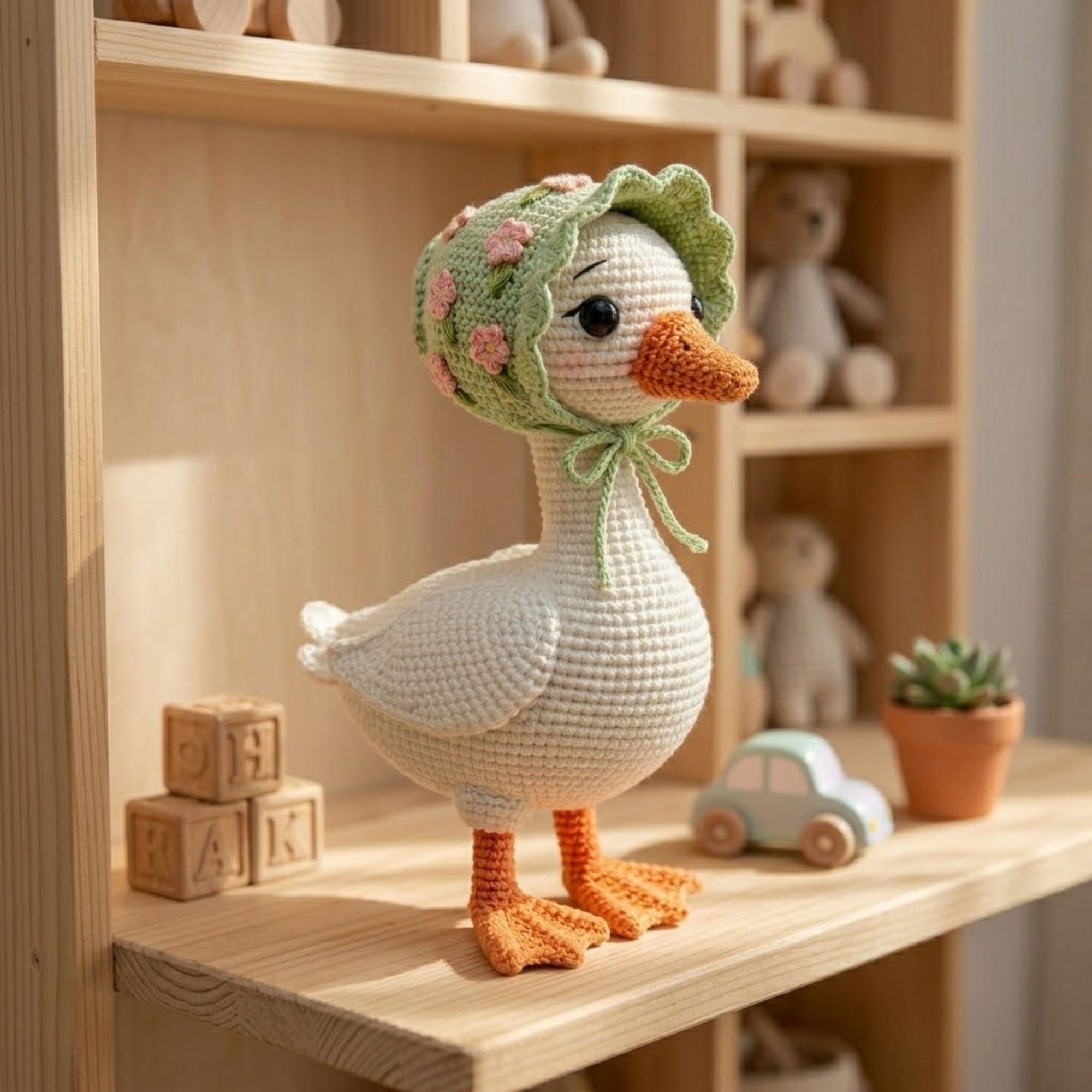 White Crochet Goose Doll, Handmade Amigurumi Duck Plush, Floral Bonnet Farm Animal Toy, Baby Nursery Decor, Cute Gift, Sizes 4-12in for Kids