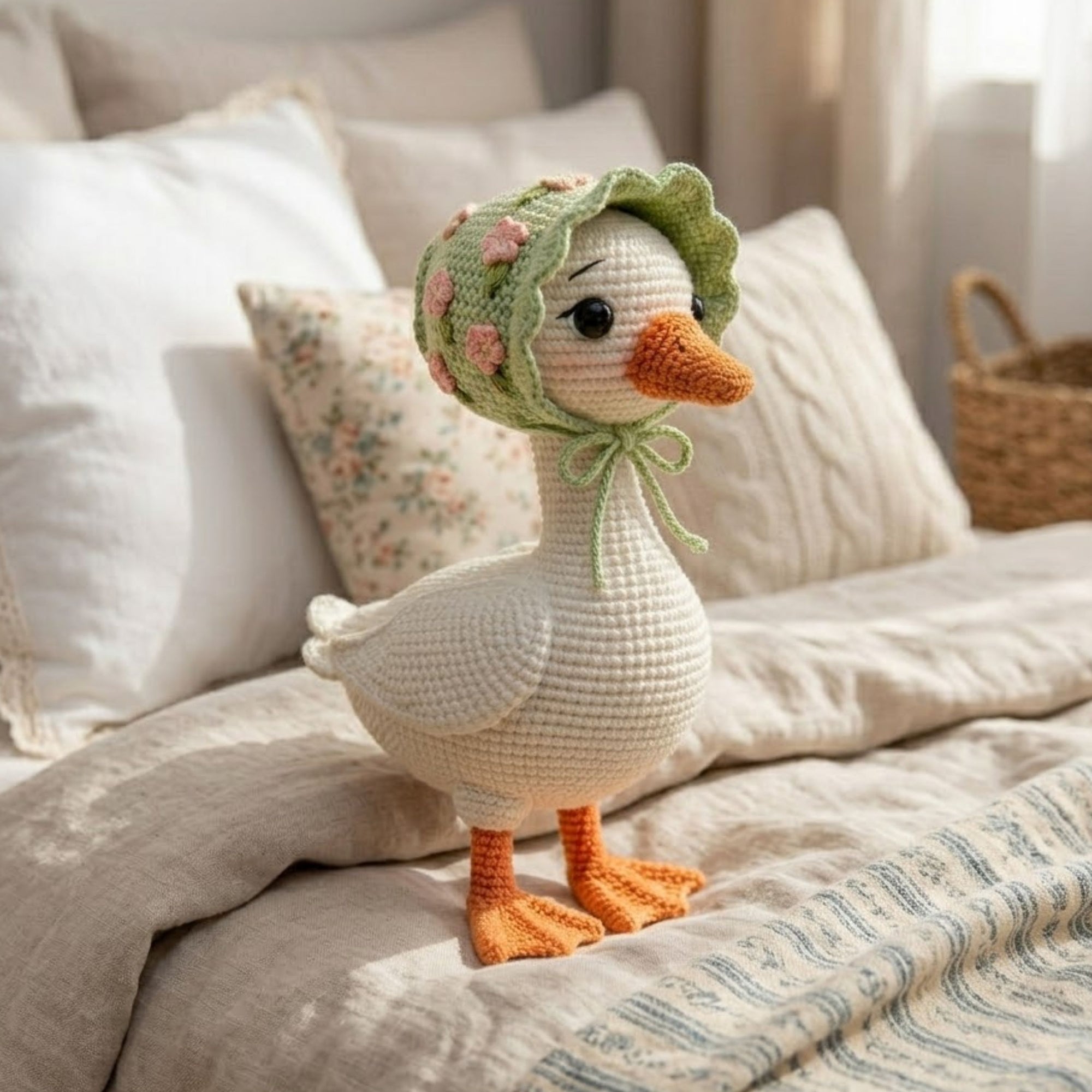 White Crochet Goose Doll, Handmade Amigurumi Duck Plush, Floral Bonnet Farm Animal Toy, Baby Nursery Decor, Cute Gift, Sizes 4-12in for Kids