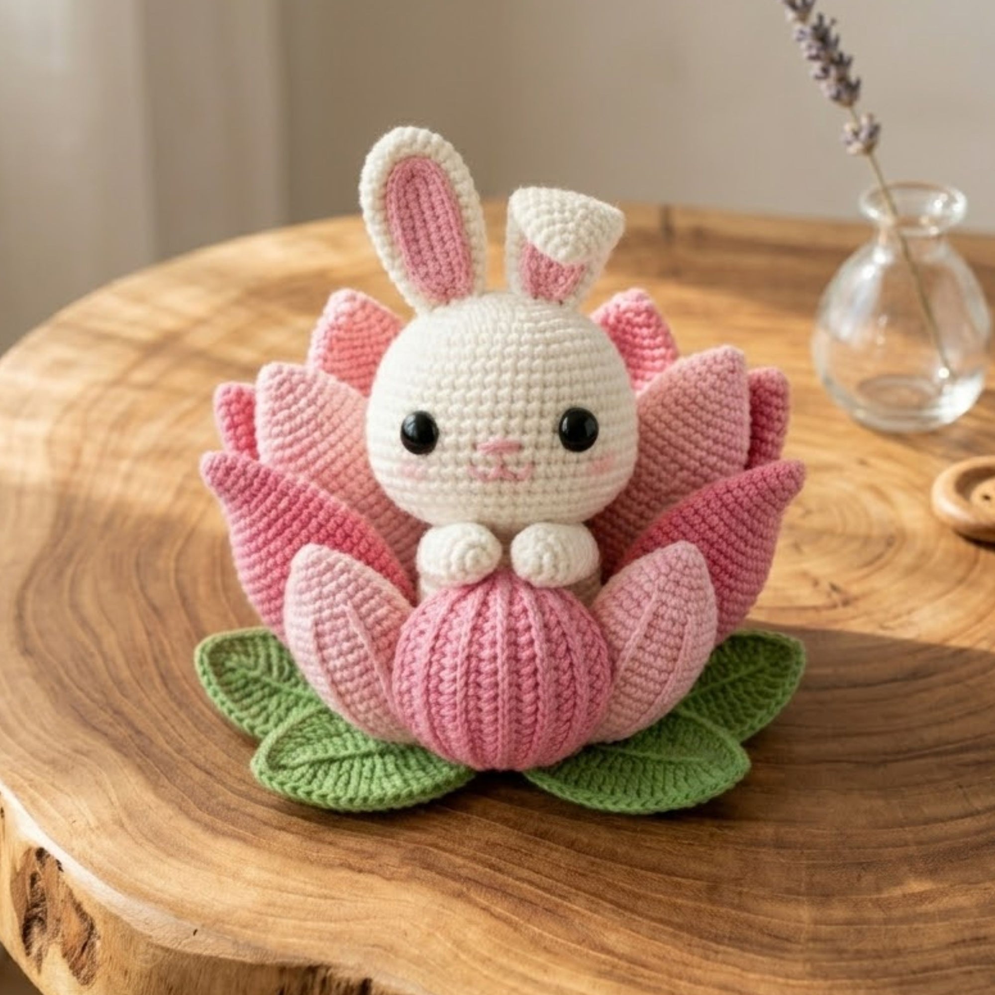 Pink Crochet Bunny in Lotus Flower, Handmade Amigurumi Rabbit Plush, Floral Nursery Decor, Baby Shower Gift, Sizes 4-12in for Kids Room Gift