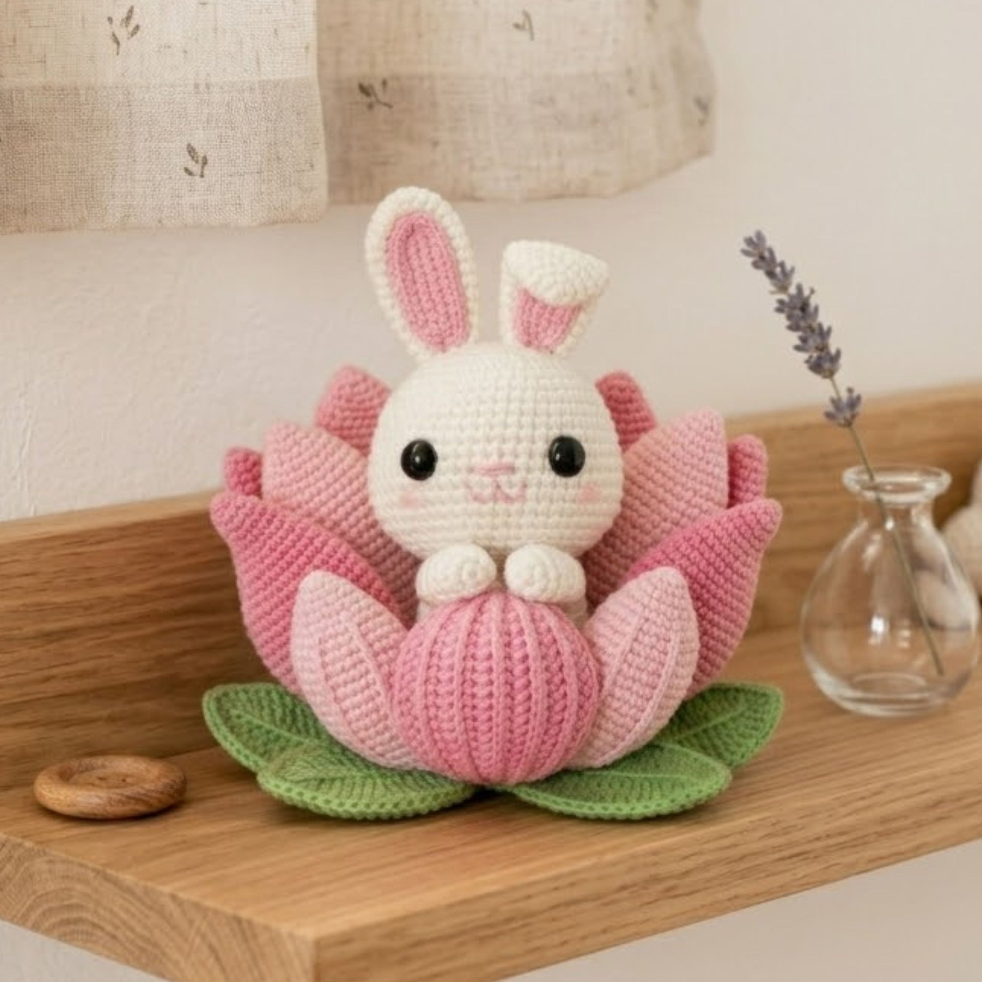 Pink Crochet Bunny in Lotus Flower, Handmade Amigurumi Rabbit Plush, Floral Nursery Decor, Baby Shower Gift, Sizes 4-12in for Kids Room Gift