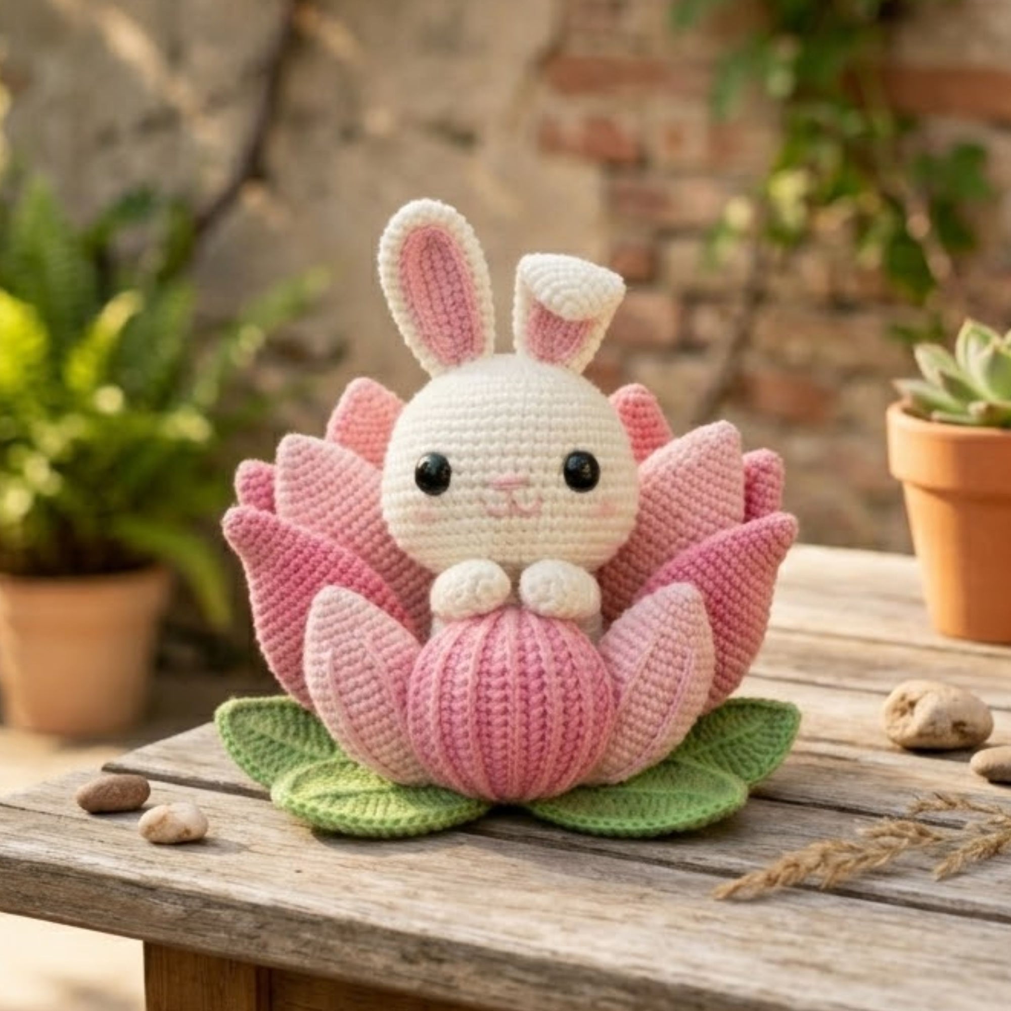 Pink Crochet Bunny in Lotus Flower, Handmade Amigurumi Rabbit Plush, Floral Nursery Decor, Baby Shower Gift, Sizes 4-12in for Kids Room Gift