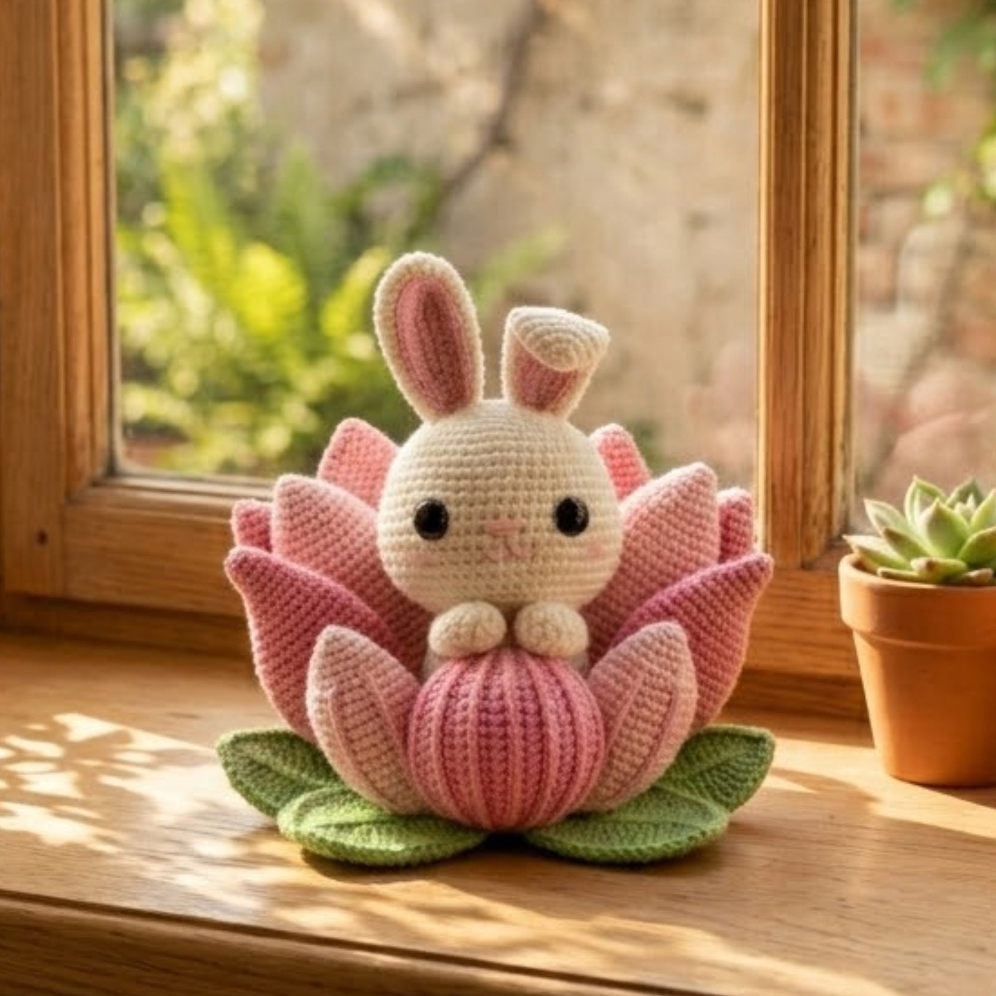 Pink Crochet Bunny in Lotus Flower, Handmade Amigurumi Rabbit Plush, Floral Nursery Decor, Baby Shower Gift, Sizes 4-12in for Kids Room Gift