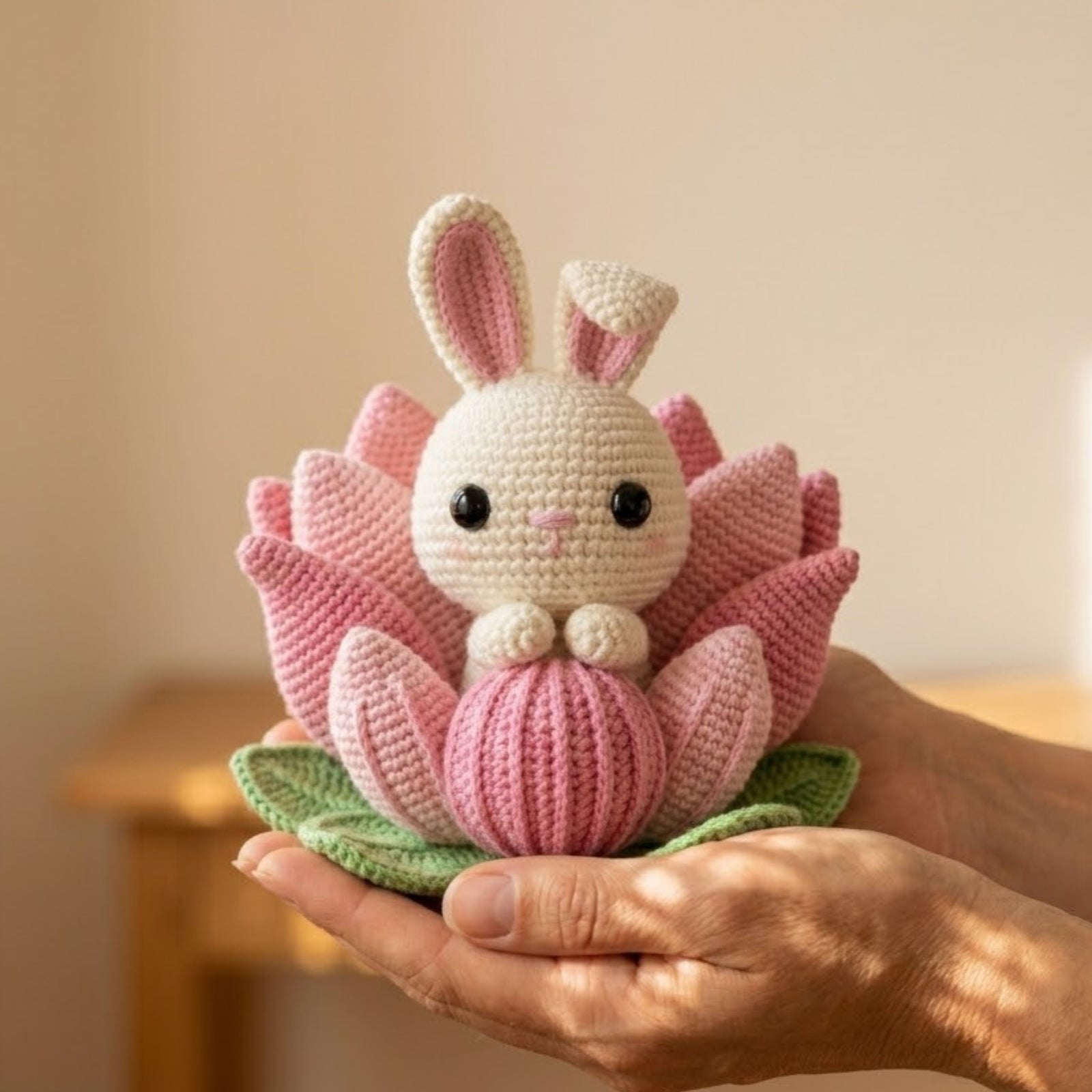 Pink Crochet Bunny in Lotus Flower, Handmade Amigurumi Rabbit Plush, Floral Nursery Decor, Baby Shower Gift, Sizes 4-12in for Kids Room Gift