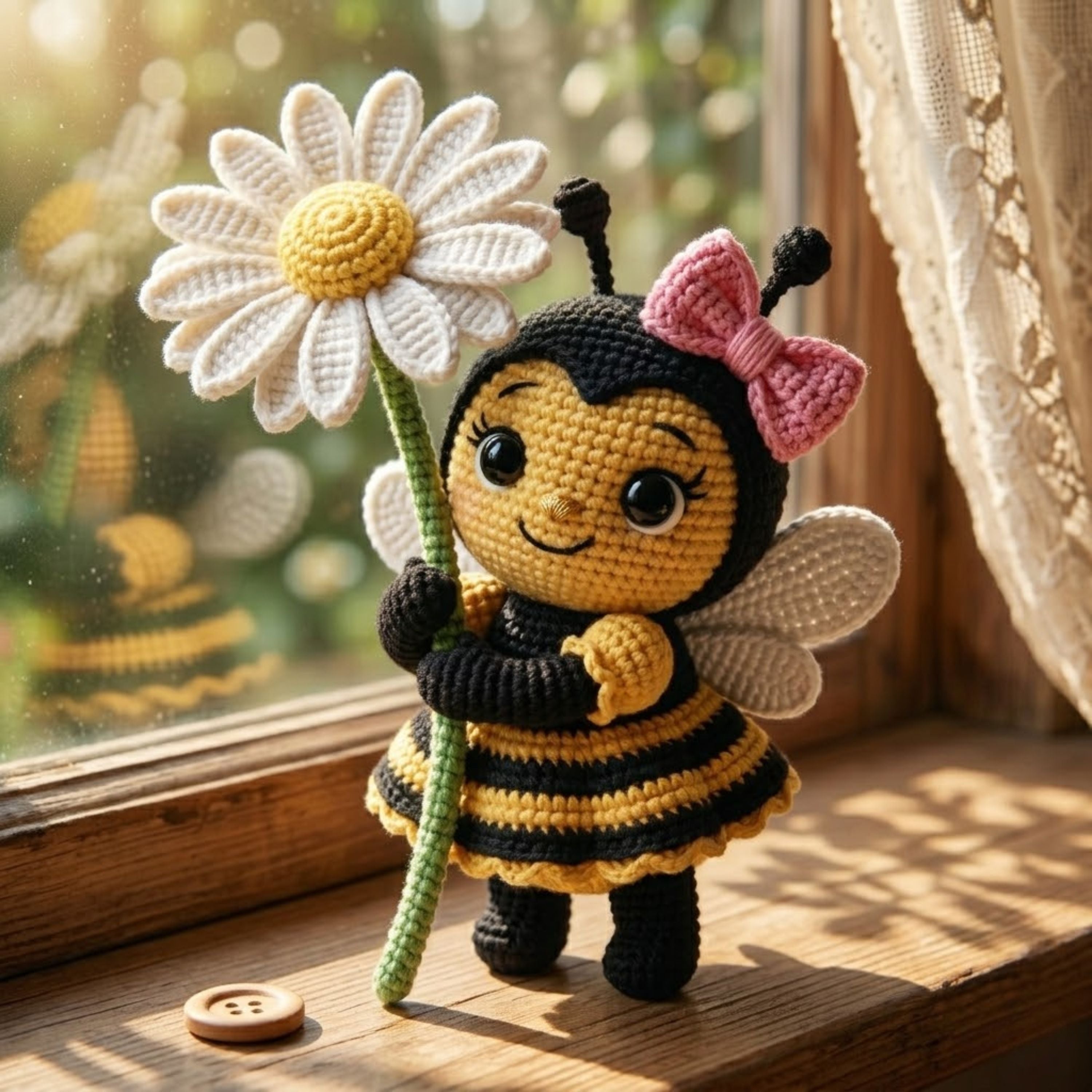 Crochet Bee Doll with Daisy Flower, Handmade Amigurumi Bee Plush, Cute Bumblebee Nursery Decor, Baby Shower Gift, Sizes 4-12in for Kids Room