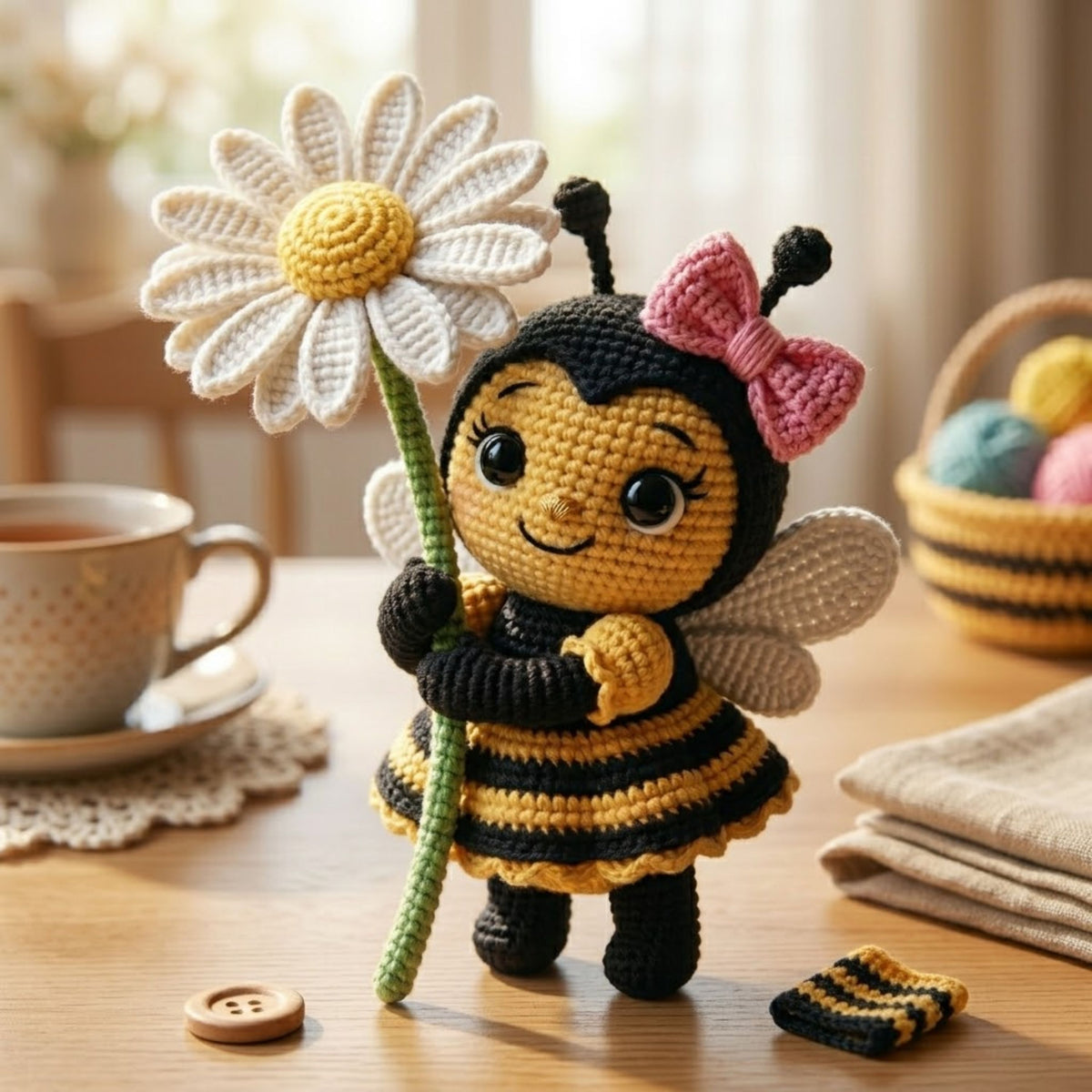 Crochet Bee Doll with Daisy Flower, Handmade Amigurumi Bee Plush, Cute Bumblebee Nursery Decor, Baby Shower Gift, Sizes 4-12in for Kids Room