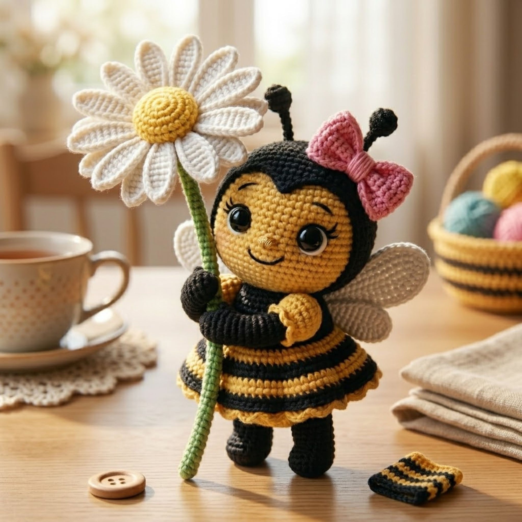 Crochet Bee Doll with Daisy Flower, Handmade Amigurumi Bee Plush, Cute Bumblebee Nursery Decor, Baby Shower Gift, Sizes 4-12in for Kids Room