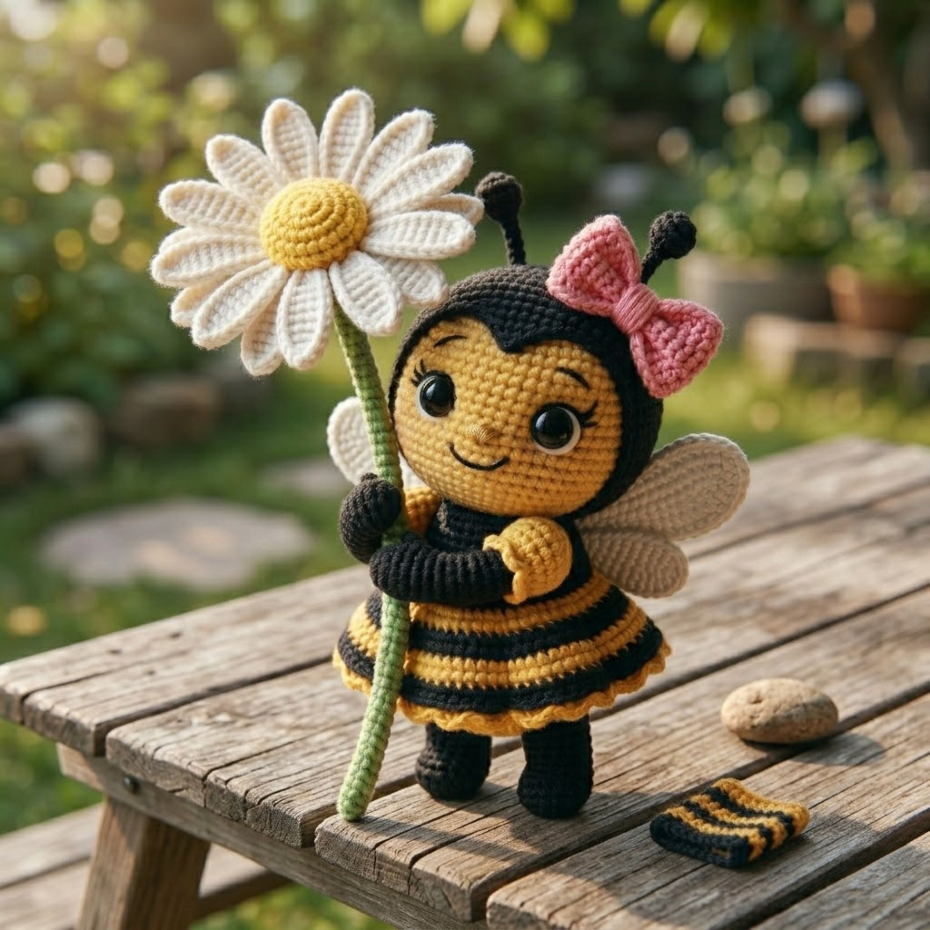 Crochet Bee Doll with Daisy Flower, Handmade Amigurumi Bee Plush, Cute Bumblebee Nursery Decor, Baby Shower Gift, Sizes 4-12in for Kids Room