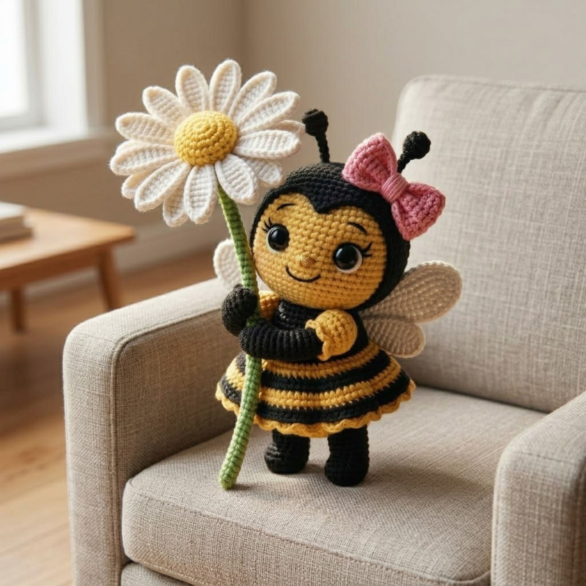 Crochet Bee Doll with Daisy Flower, Handmade Amigurumi Bee Plush, Cute Bumblebee Nursery Decor, Baby Shower Gift, Sizes 4-12in for Kids Room