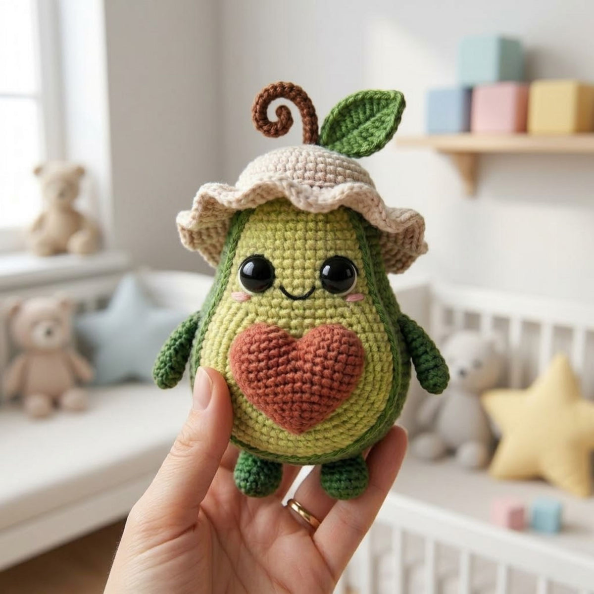 Crochet Avocado Doll with Heart, Handmade Amigurumi Fruit Plush, Cute Green Nursery Decor, Baby Shower Gift, Sizes 4-12in for Kids Room Gift