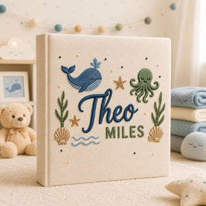 Personalized Embroidered Ocean Nursery Baby Photo Album, Custom Baby Name Whale Sailboat Baby Book, Baby Shower Gift, Sea Animal Album