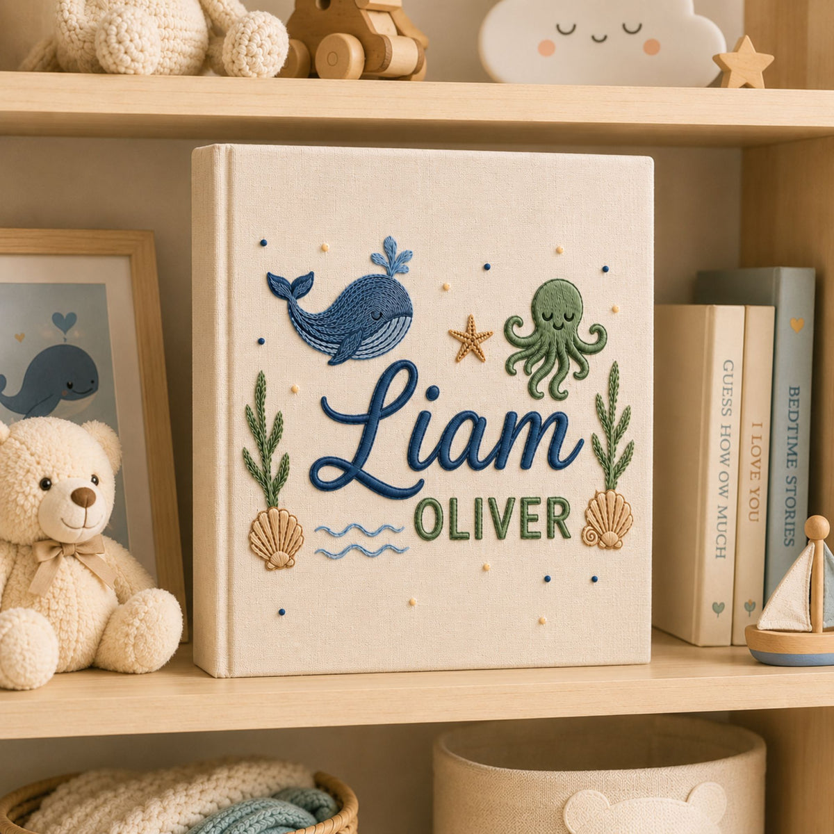 Personalized Embroidered Ocean Nursery Baby Photo Album, Custom Baby Name Whale Sailboat Baby Book, Baby Shower Gift, Sea Animal Album