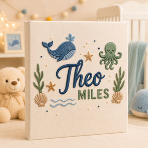 Personalized Embroidered Ocean Nursery Baby Photo Album, Custom Baby Name Whale Sailboat Baby Book, Baby Shower Gift, Sea Animal Album
