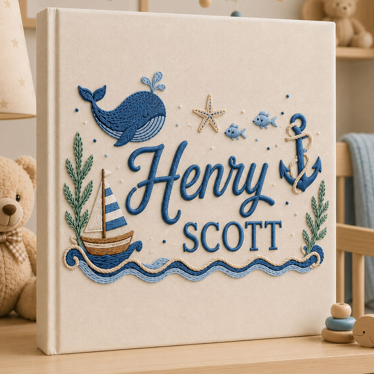 Personalized Embroidered Ocean Nursery Baby Photo Album, Custom Baby Name Whale Sailboat Baby Book, Baby Shower Gift, Sea Animal Album