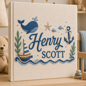 Personalized Embroidered Ocean Nursery Baby Photo Album, Custom Baby Name Whale Sailboat Baby Book, Baby Shower Gift, Sea Animal Album