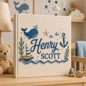 Personalized Embroidered Ocean Nursery Baby Photo Album, Custom Baby Name Whale Sailboat Baby Book, Baby Shower Gift, Sea Animal Album
