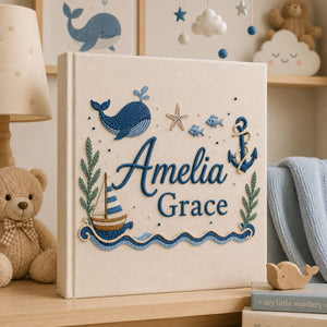 Personalized Embroidered Ocean Nursery Baby Photo Album, Custom Baby Name Whale Sailboat Baby Book, Baby Shower Gift, Sea Animal Album
