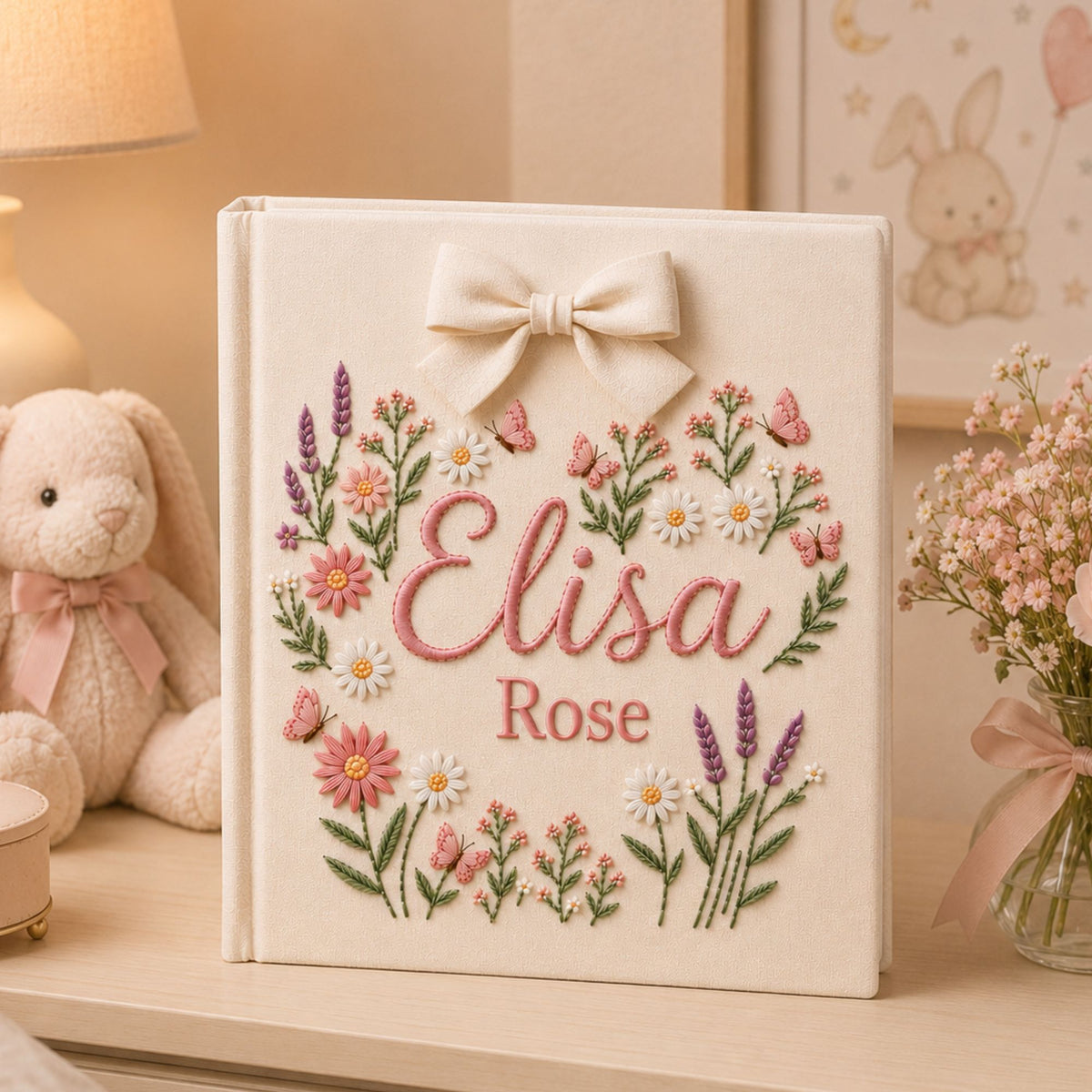 Custom Hand Embroidered Baby Photo Album, Custom Name Floral Nursery Memory Book, Butterfly Wildflower Keepsake, Baby Shower Gift for Girls